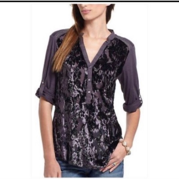 Anthropologie Tiny Broadleaf Forest Velvet burnout Henley Silk blend - Picture 2 of 3